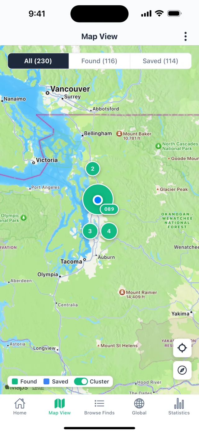 The Map View, with green pins for found plates and blue pins for saved ones across a region.